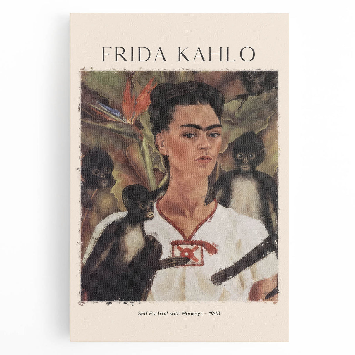 Black and white portrait of Frida Kahlo on stretched canvas, suitable for kitchen wall art.