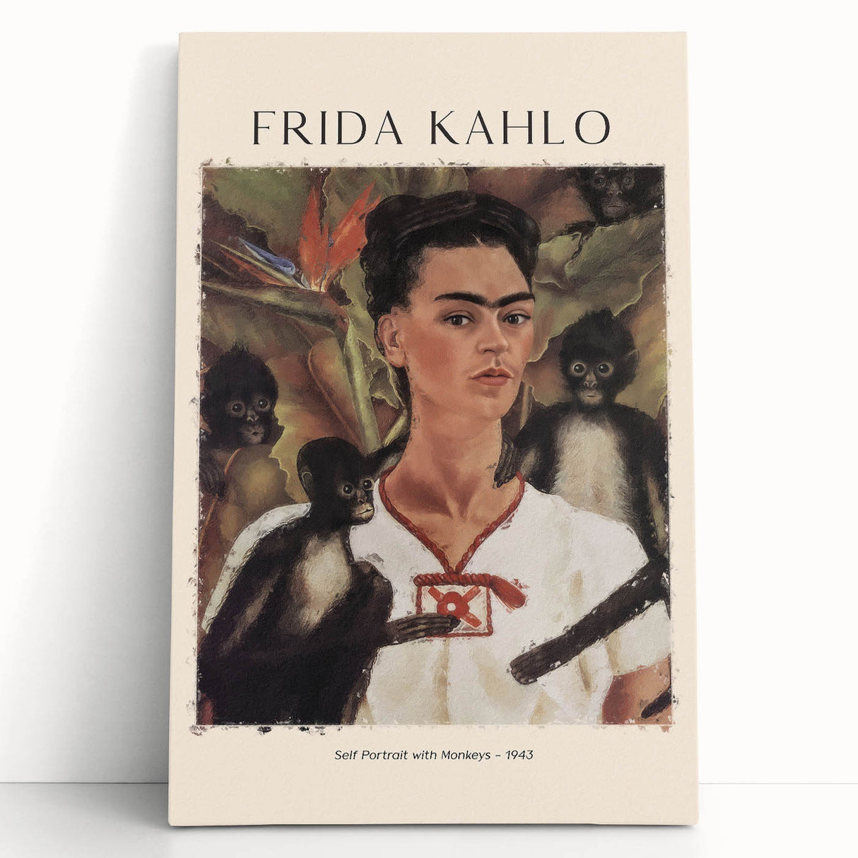 Black and white large art print of Frida Kahlo on stretched canvas, ideal for kitchen wall art or bedroom ambiance.