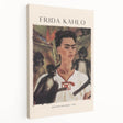 A modern interpretation of Frida Kahlo on stretched canvas with bold, colorful accents, suitable for kitchen wall art.