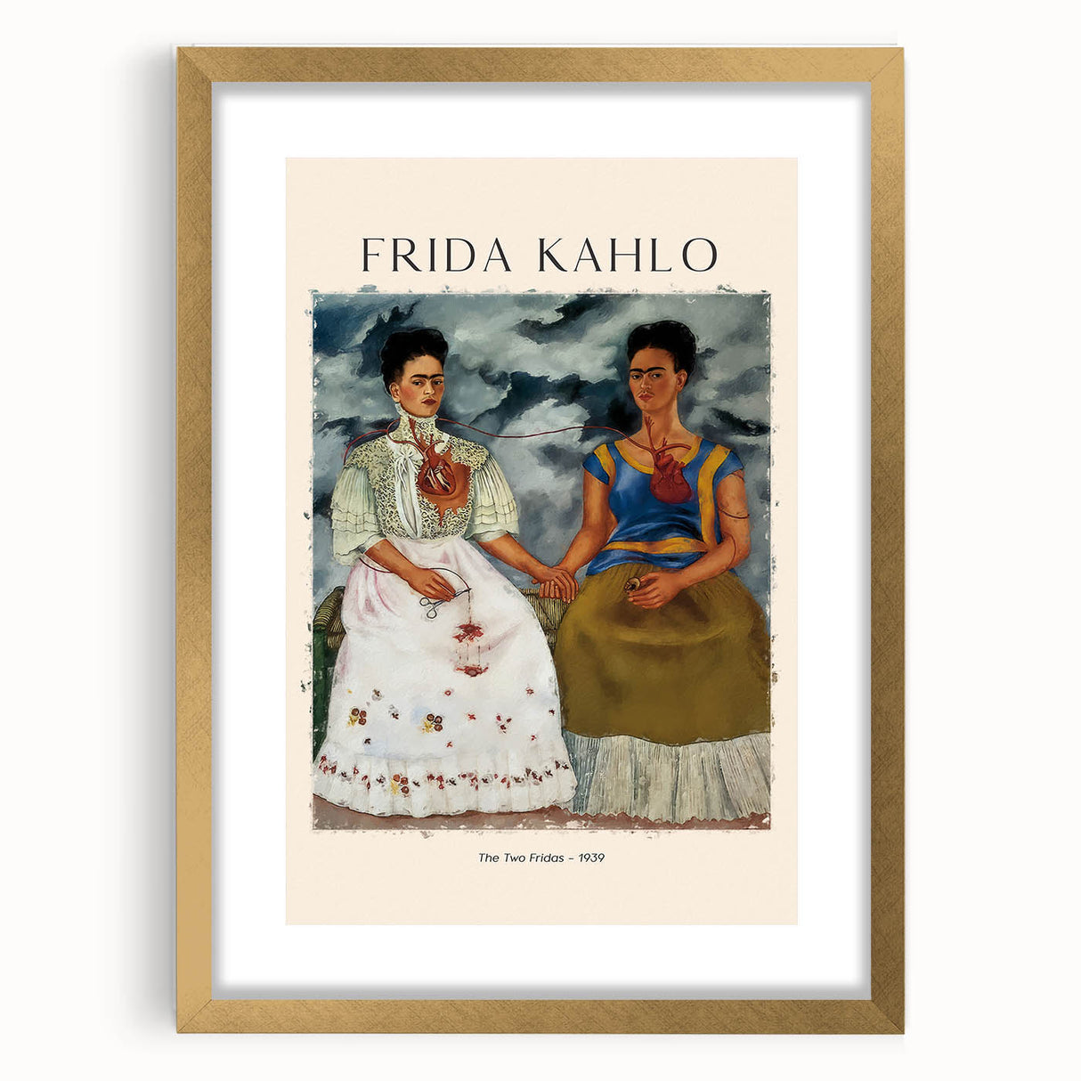 Extra large wall art featuring a textured abstract print of Frida Kahlo in muted colors, framed in gold.