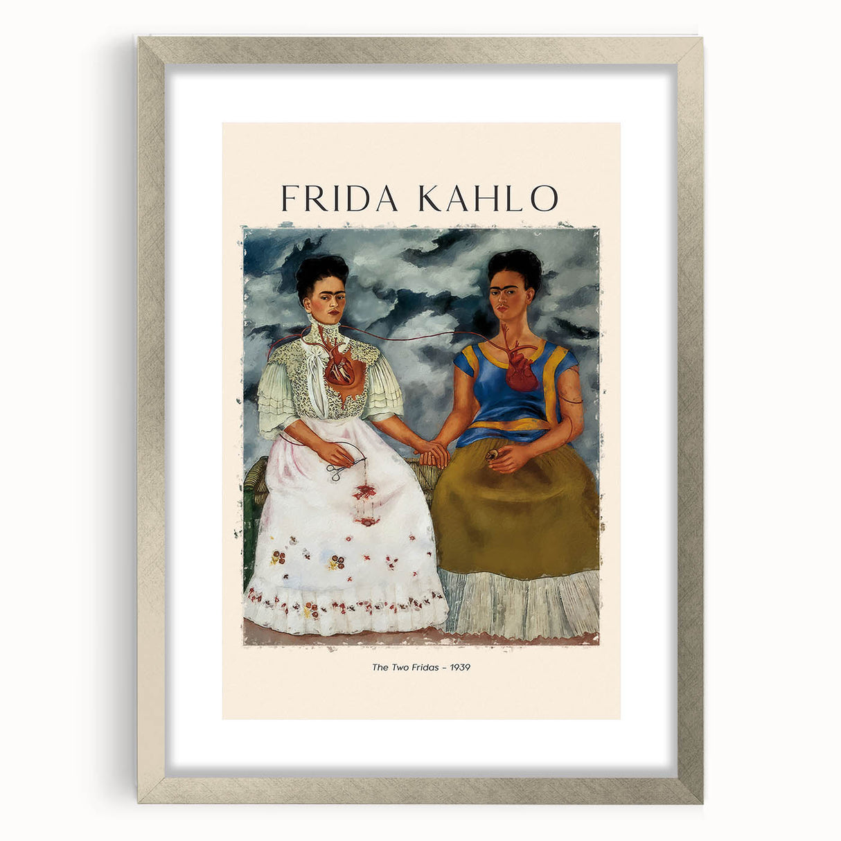Textured portrait of Frida Kahlo in abstract style with muted earth tones, framed with a silver mat.