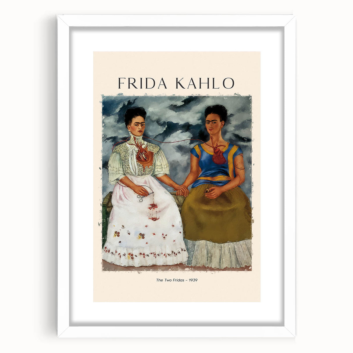 Abstract art print of Frida Kahlo in muted colors on a white framed canvas, suitable for bedroom or dining room decor.
