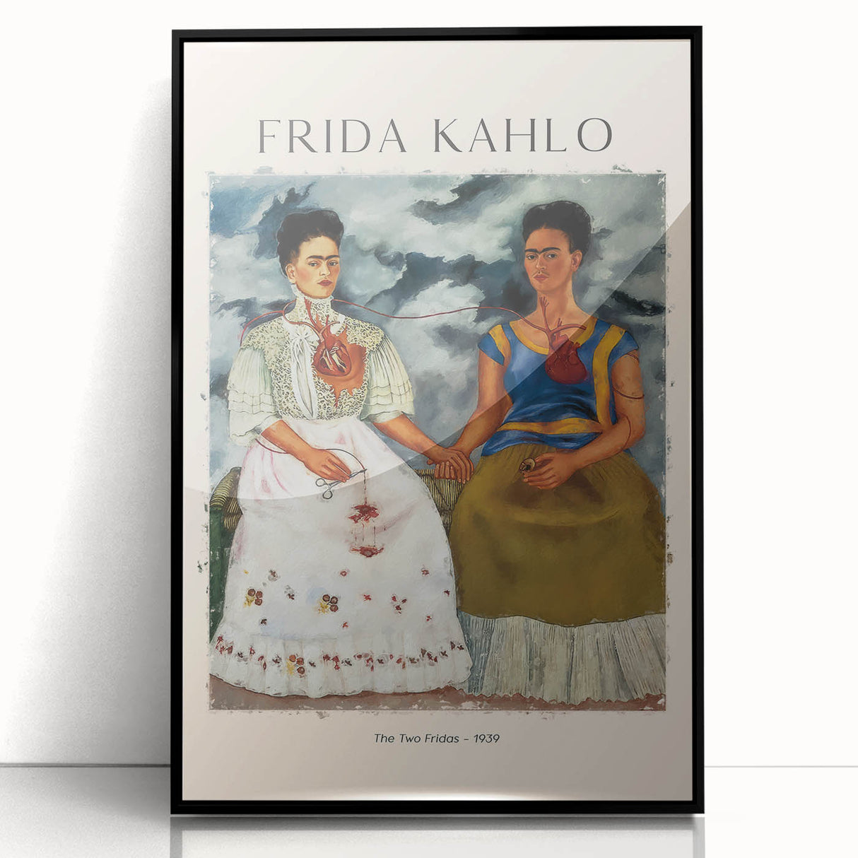 Large abstract wall art featuring a mid-century modernist Frida Kahlo design in black and white tones, framed in acrylic.
