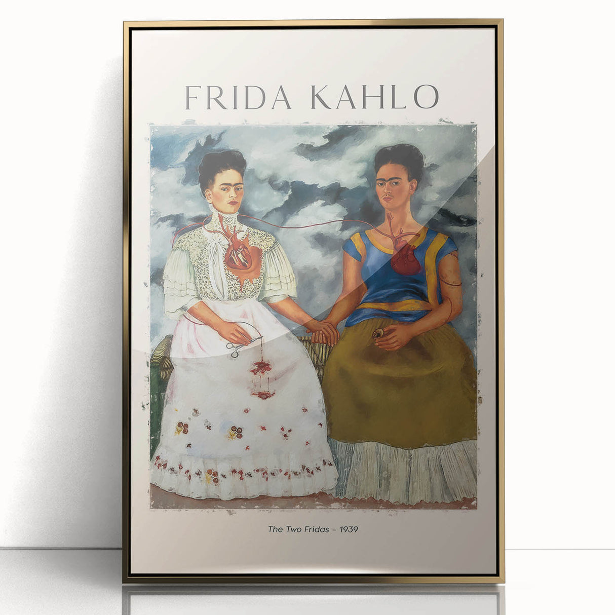 Large art print of Frida Kahlo in mid-century modernist style, featuring bold colors on framed acrylic.