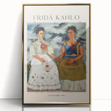 Large art print of Frida Kahlo in mid-century modernist style, featuring bold colors on framed acrylic.