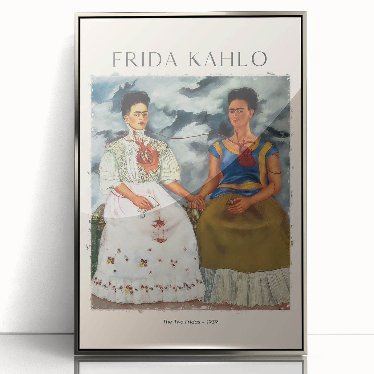 Mid-century modernist art of Frida Kahlo in muted tones on a framed acrylic, ideal for nursery wall art.
