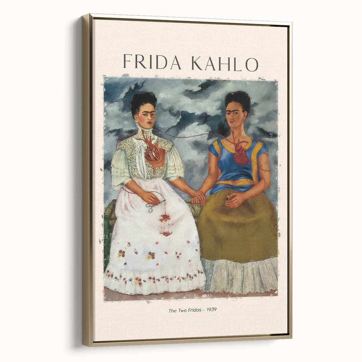 Framed canvas featuring a contemporary depiction of Frida Kahlo in a gold frame, ideal for bedroom wall art.