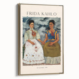 Framed canvas featuring a contemporary depiction of Frida Kahlo in a gold frame, ideal for bedroom wall art.