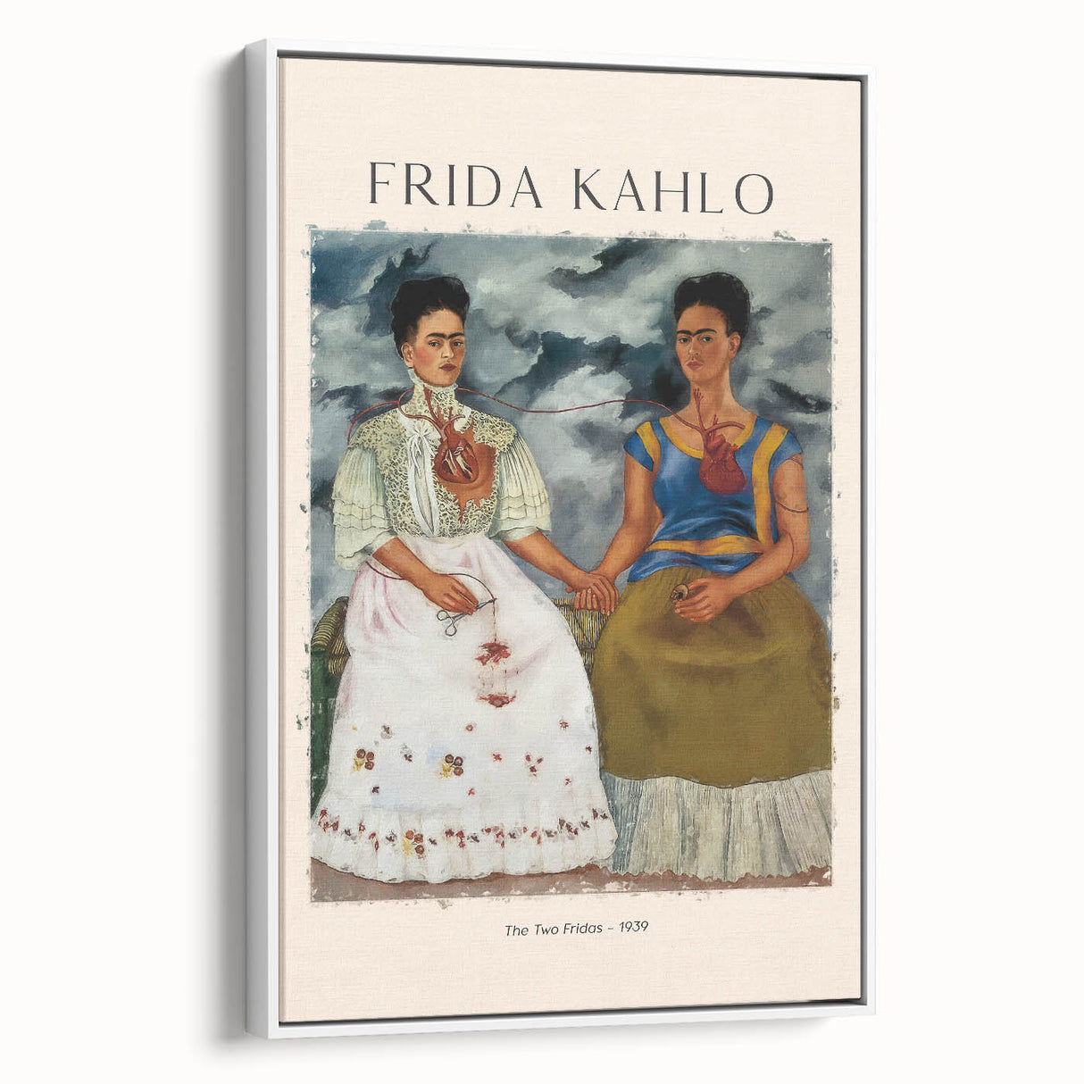 Framed canvas of vintage poster art featuring a colorful Frida Kahlo portrait, ideal for living room decor.