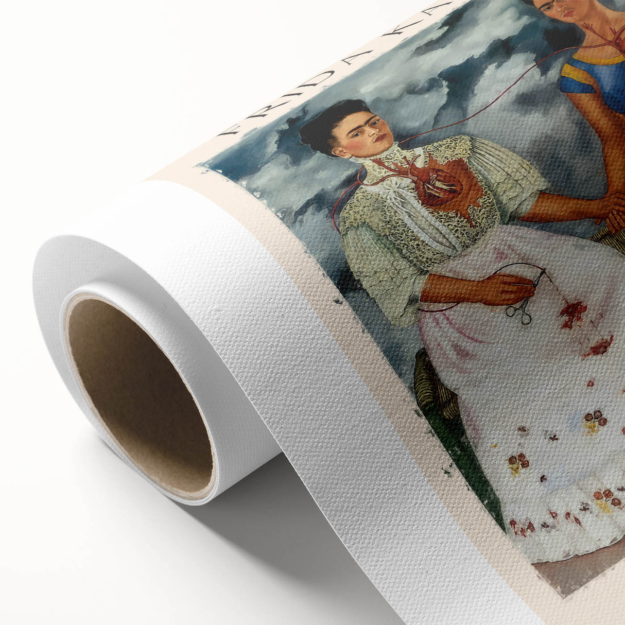 Art deco poster of Frida Kahlo in muted pastel shades on rolled canvas, suitable for nursery wall art.