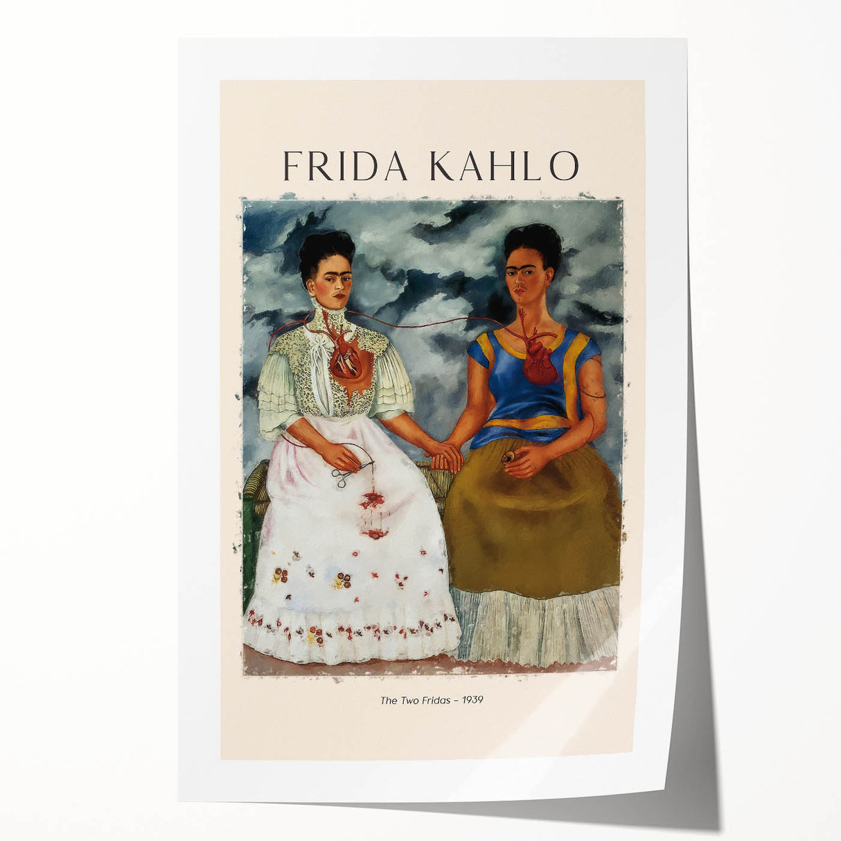 Contemporary Frida Kahlo portrait with floral elements in muted colors on rolled print, suitable for art wall dining room.