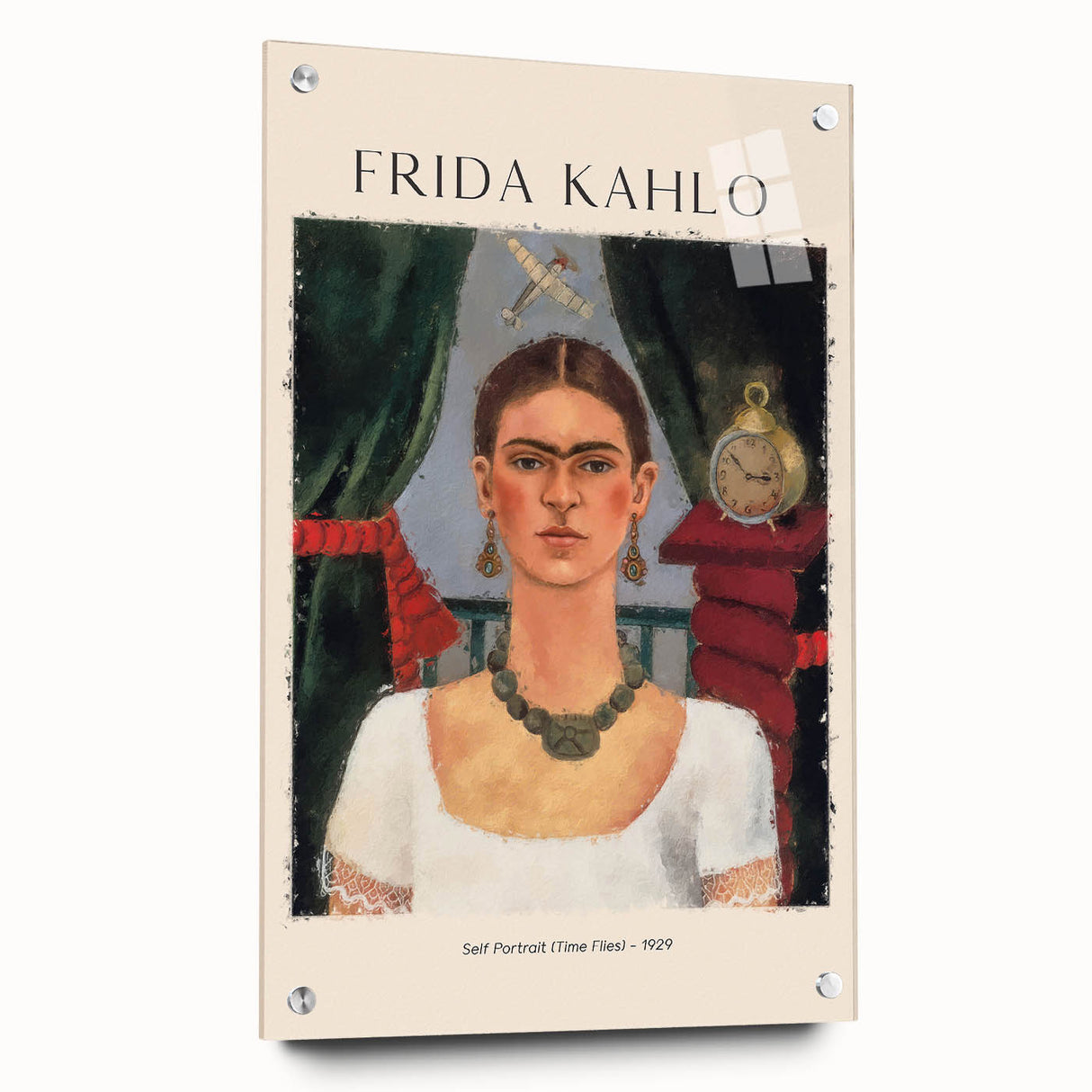 Acrylic print of Frida Kahlo in avant-garde style, with rich color tones, ideal for bedroom or dining room decor.