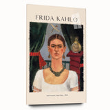 Acrylic print of a large abstract Frida Kahlo portrait in vibrant colors, suitable for bedroom or dining room art.