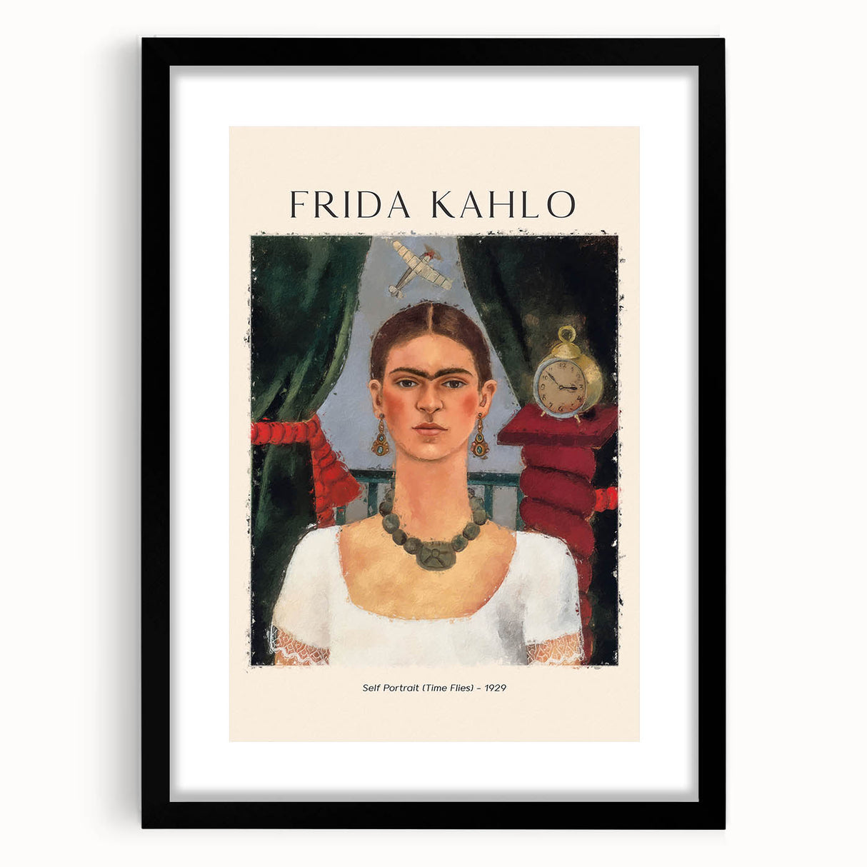 Extra large wall art featuring a colorful, textured abstract print of Frida Kahlo on black framed canvas.