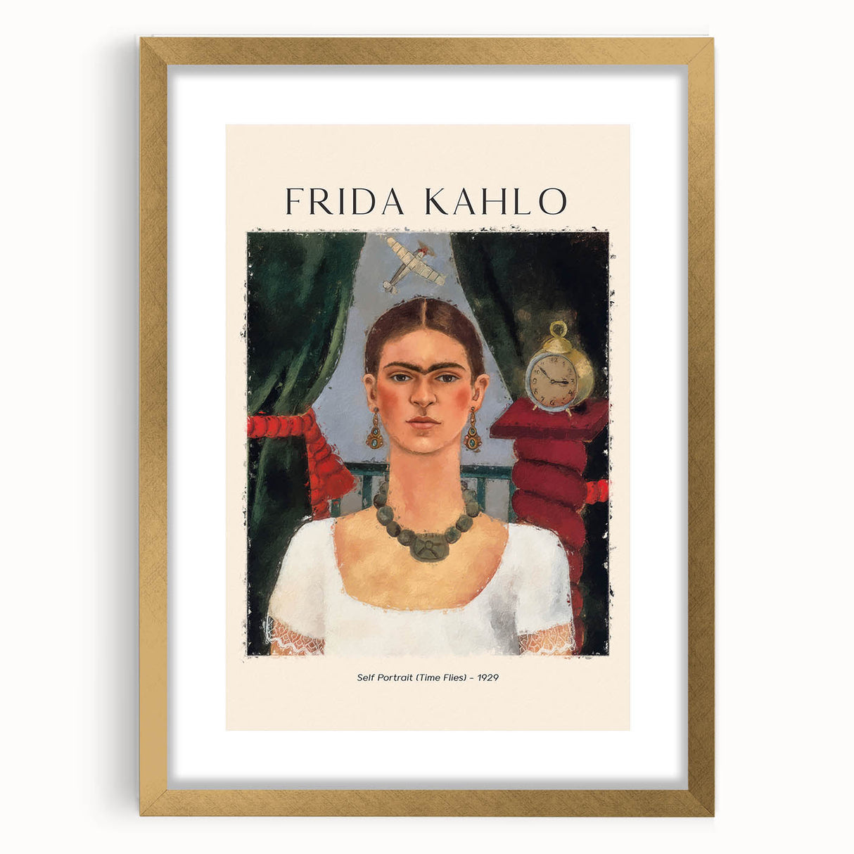 Frida Kahlo-inspired abstract art print in gold frame with mat, featuring vibrant colors and textured details.