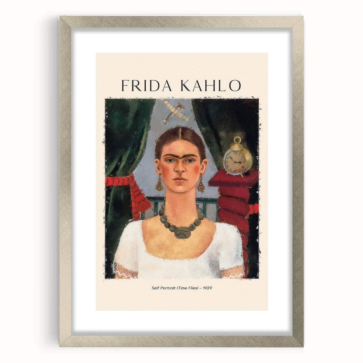 Textured art print featuring an abstract depiction of Frida Kahlo in muted tones, framed in silver, ideal for bedroom art.