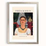 Textured art print featuring an abstract depiction of Frida Kahlo in muted tones, framed in silver, ideal for bedroom art.