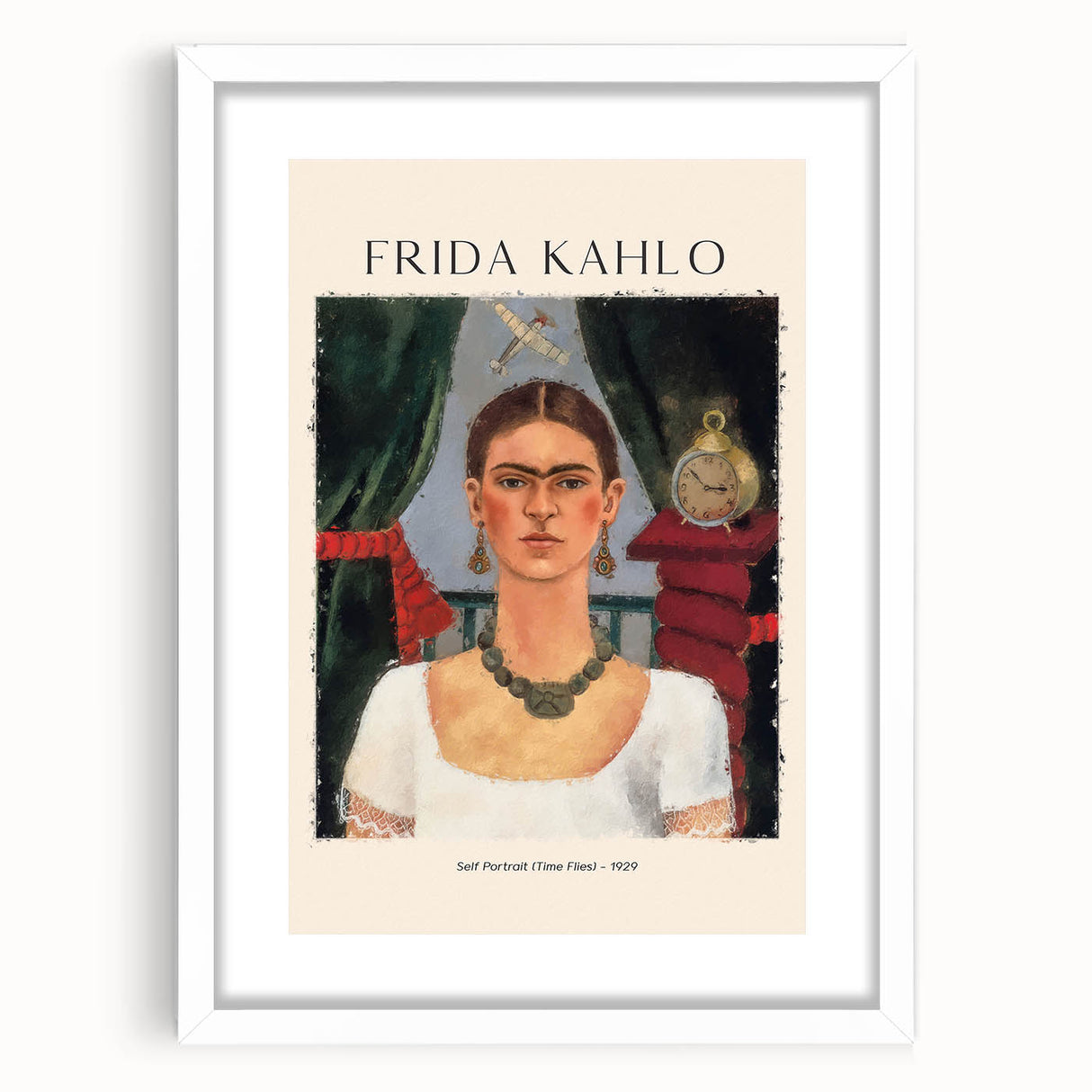 Abstract art print of Frida Kahlo with vivid colors on a white framed canvas, suitable for bedroom or dining room decor.