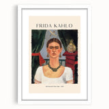 Abstract art print of Frida Kahlo with vivid colors on a white framed canvas, suitable for bedroom or dining room decor.