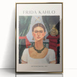 Framed acrylic print of Frida Kahlo in a mid-century modernist style with gold accents, suitable for modern art wall decor.