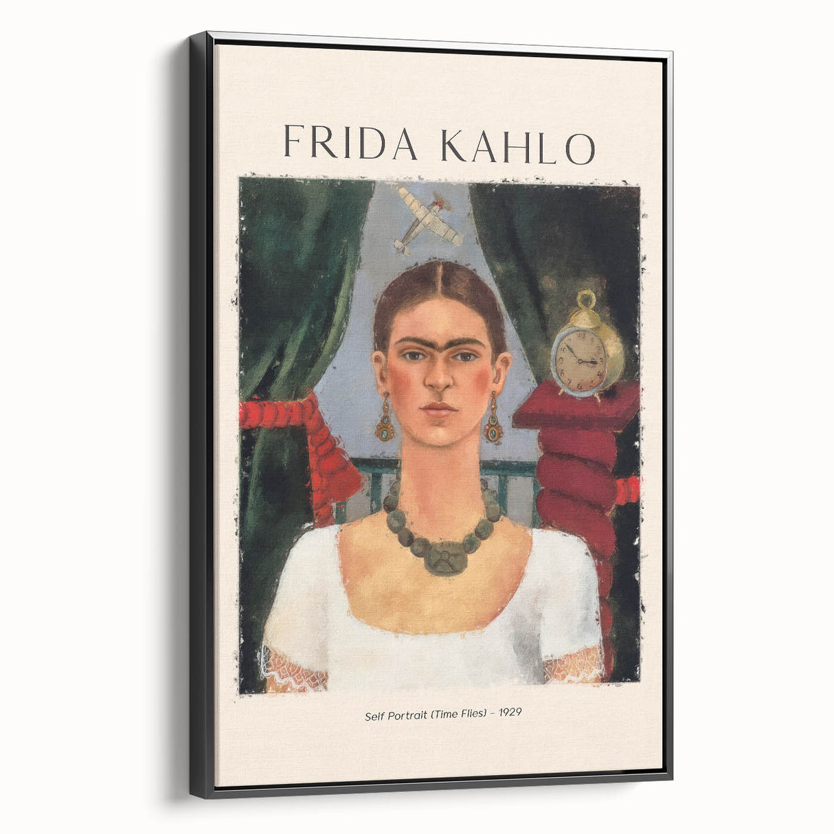 Black and white wall art featuring a contemporary Frida Kahlo portrait on framed canvas, ideal for bedroom decor.