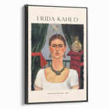 Black and white wall art featuring a contemporary Frida Kahlo portrait on framed canvas, ideal for bedroom decor.