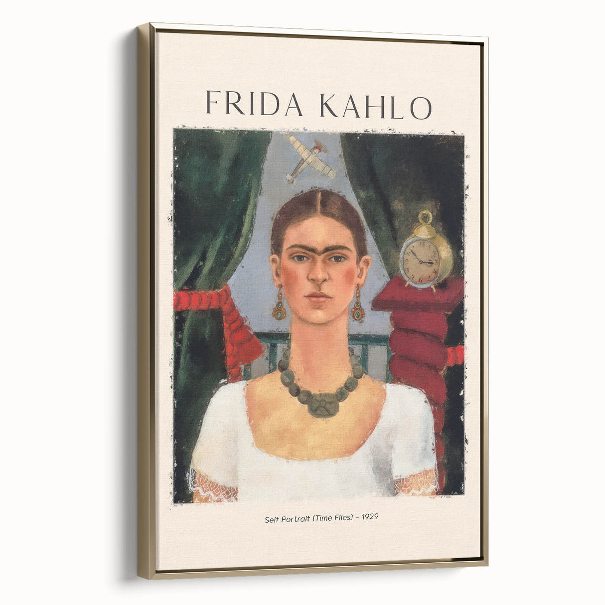 Framed canvas of a contemporary Frida Kahlo portrait in gold and black tones, ideal for bedroom wall art.