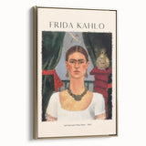 Framed canvas of a contemporary Frida Kahlo portrait in gold and black tones, ideal for bedroom wall art.
