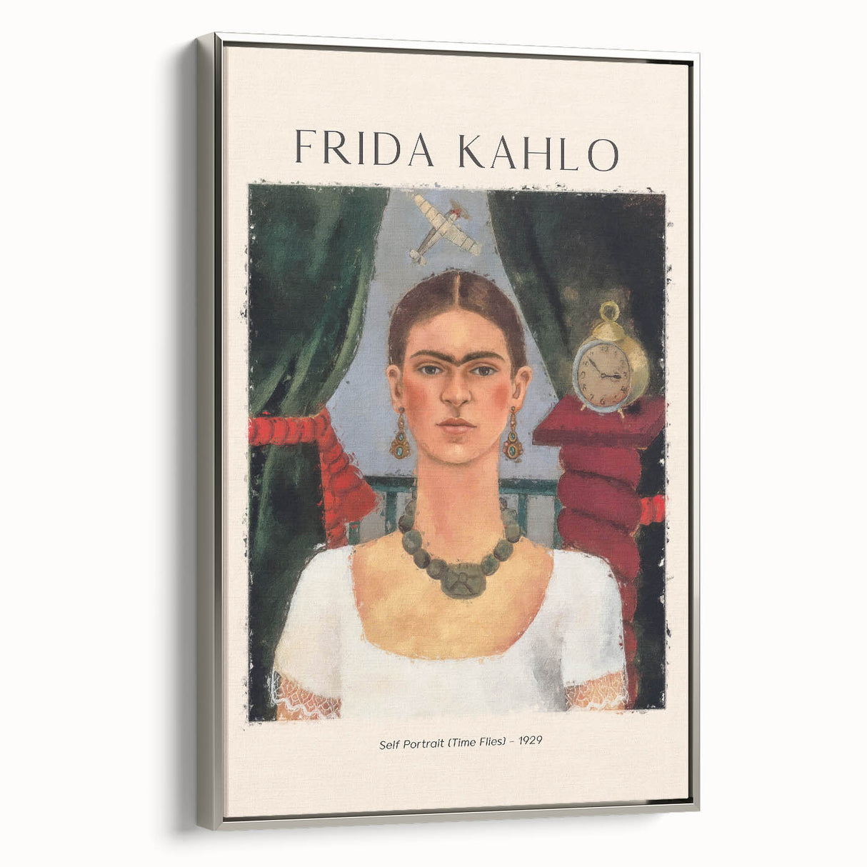 Framed canvas of colorful Frida Kahlo in a vintage poster style, ideal for adding a cultural touch to living spaces.