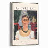 Framed canvas of colorful Frida Kahlo in a vintage poster style, ideal for adding a cultural touch to living spaces.