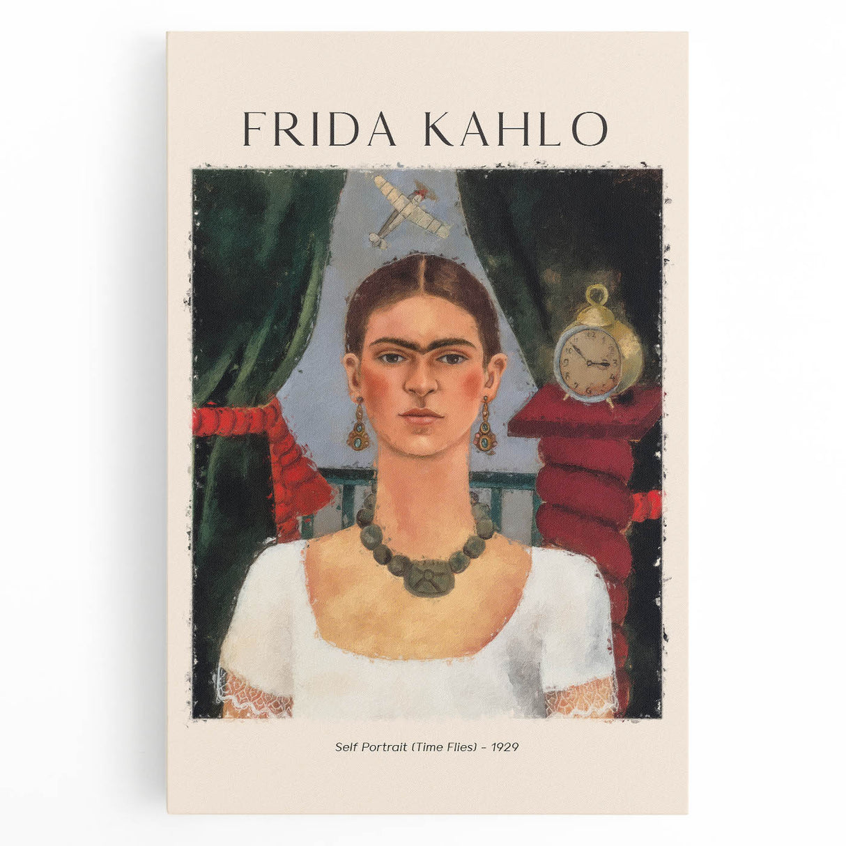 Black and white portrait of Frida Kahlo on stretched canvas, ideal for kitchen art.