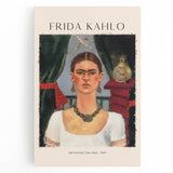 Black and white portrait of Frida Kahlo on stretched canvas, ideal for kitchen art.