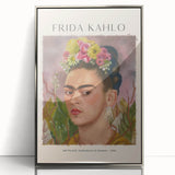 Mid-century modernist art of Frida Kahlo in muted colors on framed acrylic, ideal for nursery wall art.