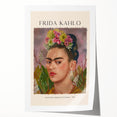 Contemporary Frida Kahlo portrait with vibrant floral background on rolled canvas, ideal for art wall dining room.