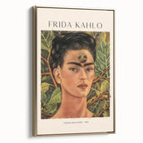 Framed canvas of a contemporary Frida Kahlo design in gold tones, ideal for bedroom wall art.