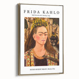 Framed canvas of a contemporary Frida Kahlo portrait in black and gold, ideal for bedroom wall art.