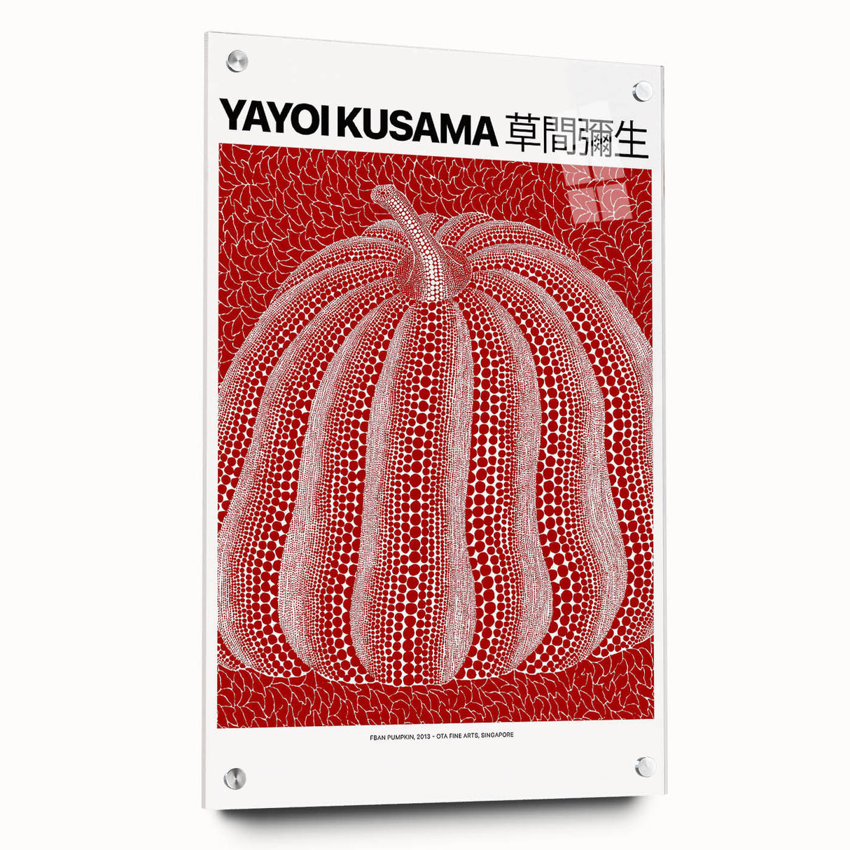 Large abstract wall art by Yayoi Kusama in vibrant colors on acrylic glass, ideal for bedroom or dining room decor.