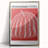 Mid-century modernist art print featuring abstract polka dot patterns in vibrant red and white on a gold-framed acrylic.