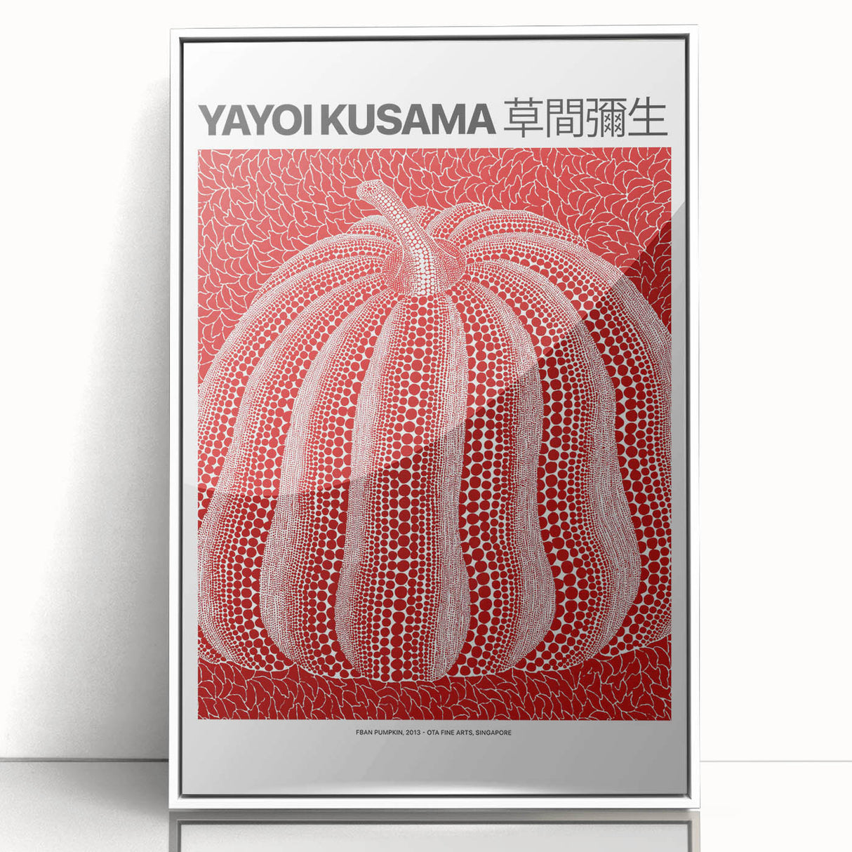 Modern art wall decor featuring a Yayoi Kusama-style polka dot pattern in vibrant colors on a white acrylic framed poster.