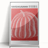 Modern art wall decor featuring a Yayoi Kusama-style polka dot pattern in vibrant colors on a white acrylic framed poster.