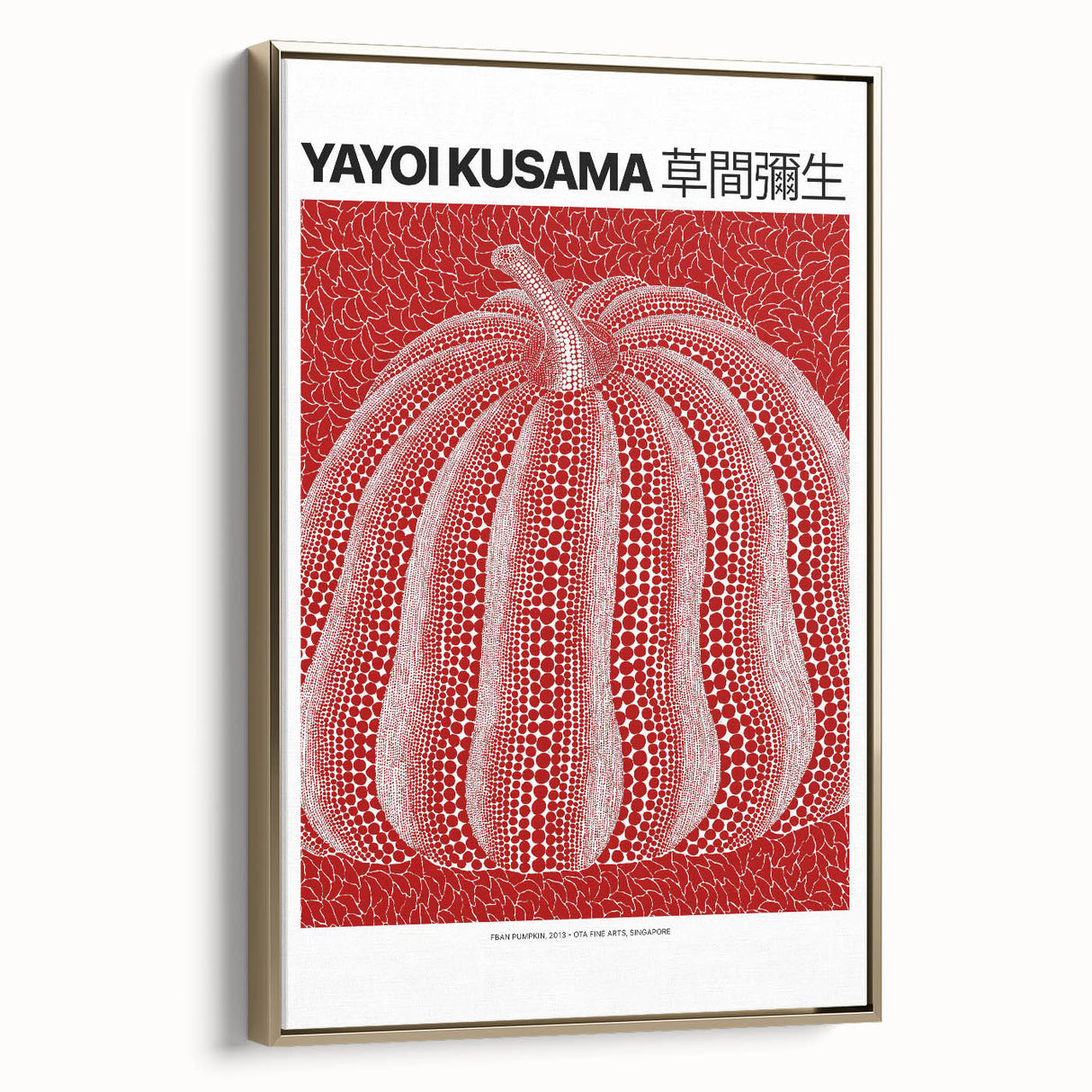 Gold-framed canvas of a contemporary Yayoi Kusama-inspired landscape, ideal for bedroom wall art.