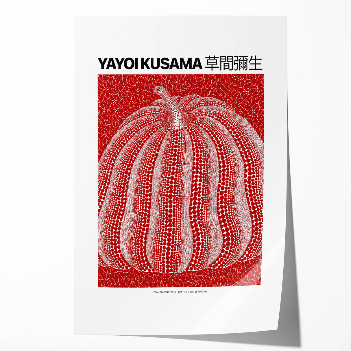 Rolled print of a Yayoi Kusama-inspired floral art in vibrant reds and whites.