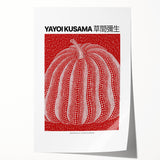 Rolled print of a Yayoi Kusama-inspired floral art in vibrant reds and whites.