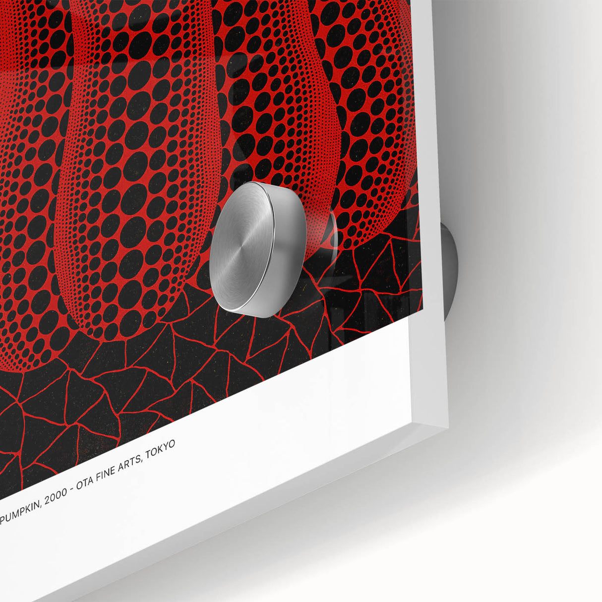 Mid-century modernist large abstract wall art in acrylic, featuring vibrant red and white polka dots.