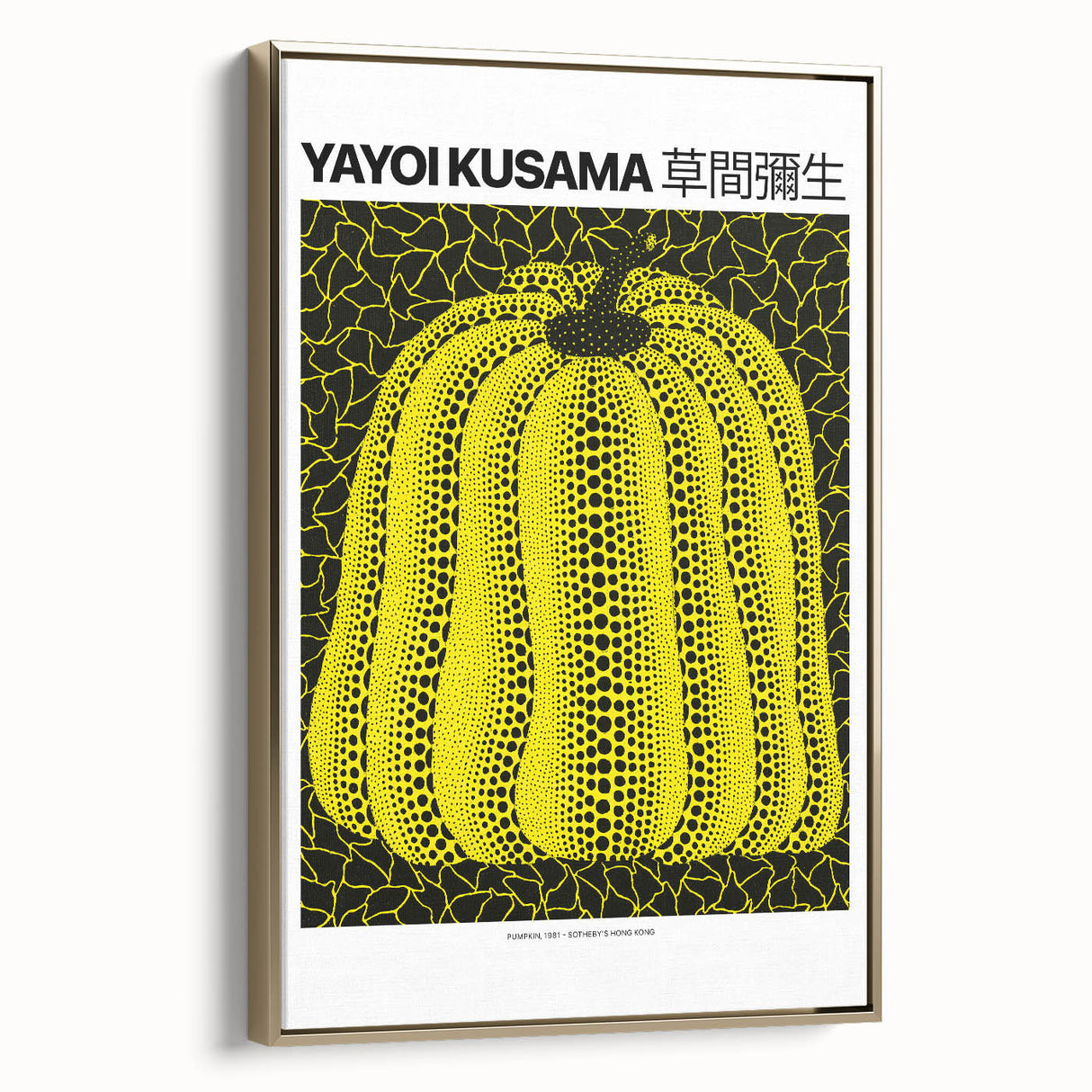 Framed canvas featuring a black and gold Yayoi Kusama-inspired landscape, ideal for bedroom wall art.