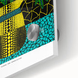 Large abstract wall art featuring mid-century modernist style in vibrant colors on acrylic glass.
