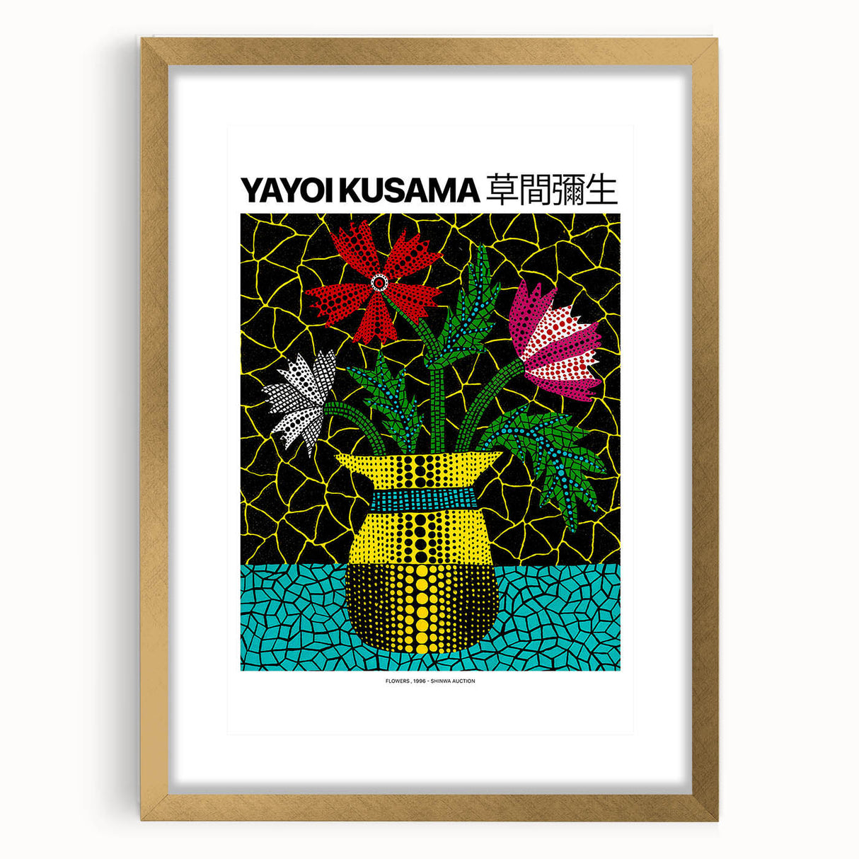 Extra large abstract art print featuring textured red and white polka dots on canvas, framed in gold.