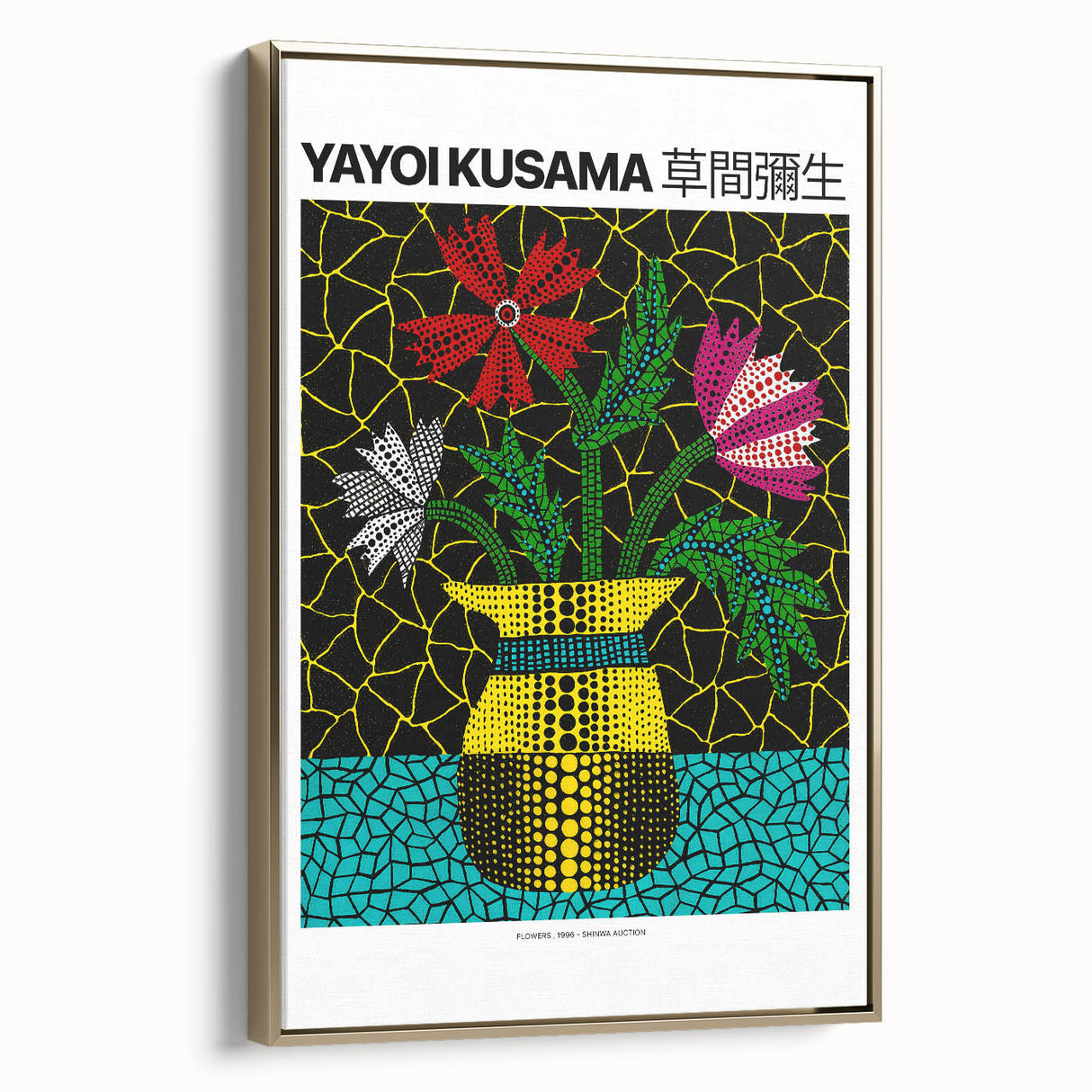 Black and gold Yayoi Kusama-inspired landscape art on framed canvas, suitable for bedroom decor.