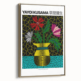 Black and gold Yayoi Kusama-inspired landscape art on framed canvas, suitable for bedroom decor.