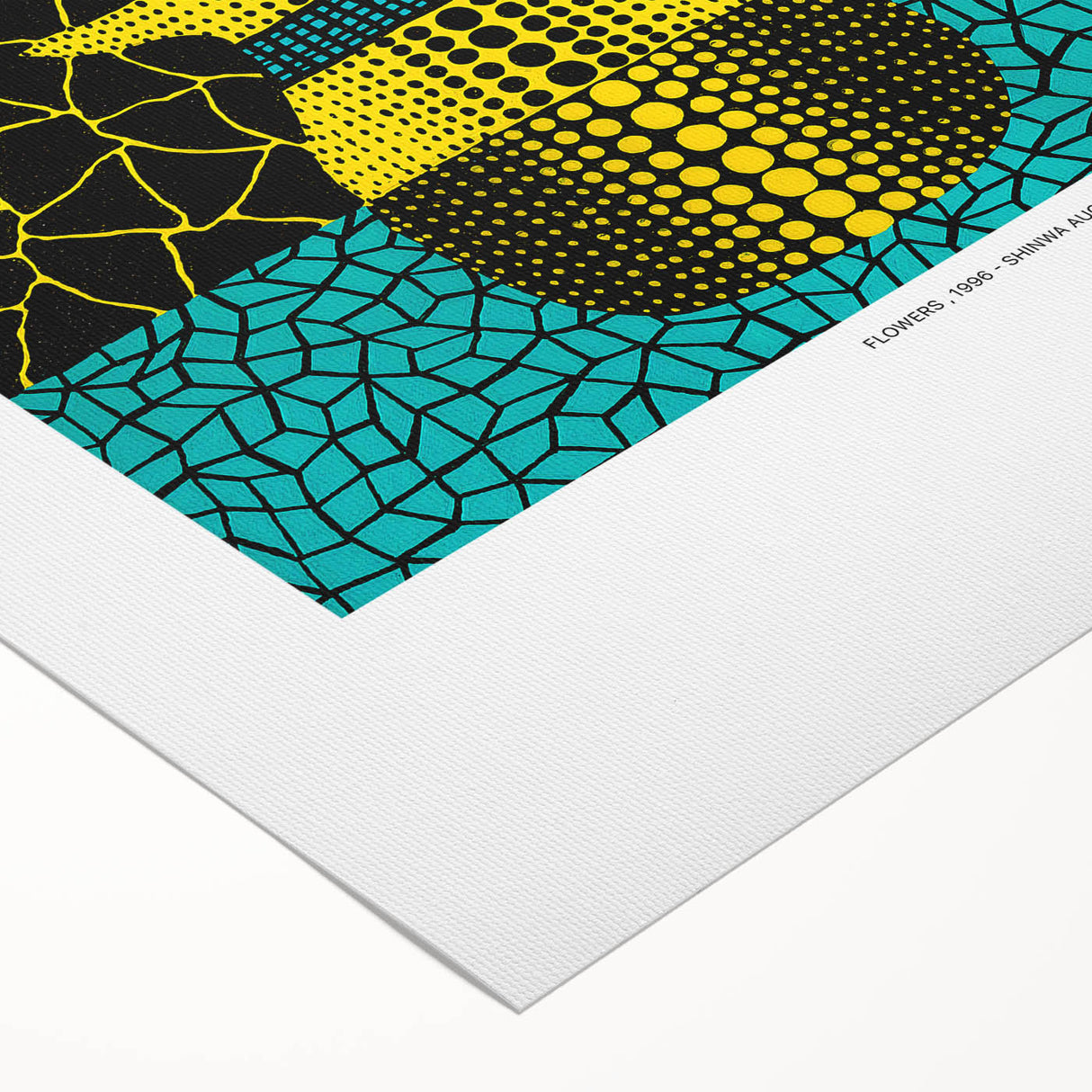 Art deco poster featuring geometric patterns in gold and black on rolled canvas, suitable for dining room decor.